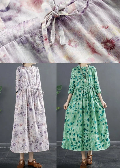 Natural Drawstring Dresses Photography Green Print a Line Dress