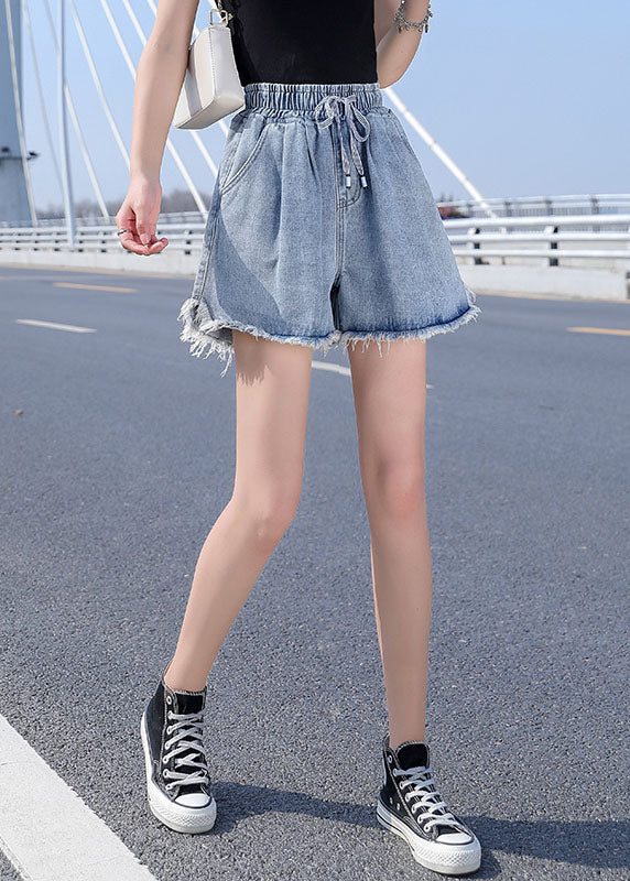 Light Blue Elastic Waist Drawstring Asymmetrical Pockets Cotton Denim Short Pants Summer