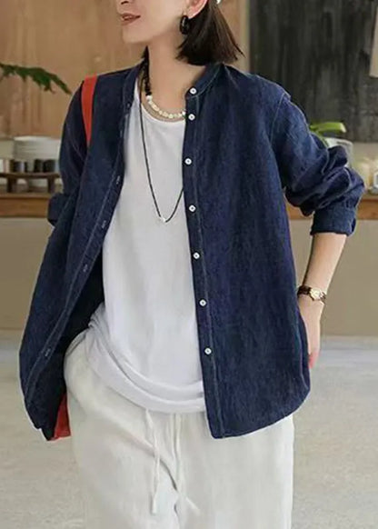 Handmade Navy O-neck Patchwork Button Coats Fall