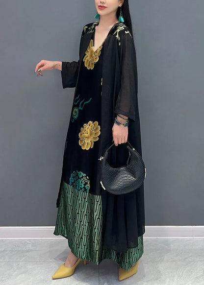 Loose Black V Neck Fake Two Piece Printed Dress for Summer