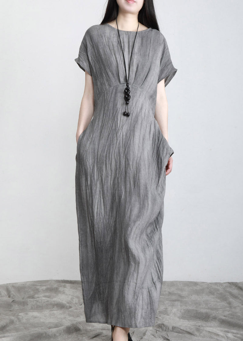 Grey O-neck Pockets Wrinkled Tie Waist Linen Long Dresses Short Sleeve