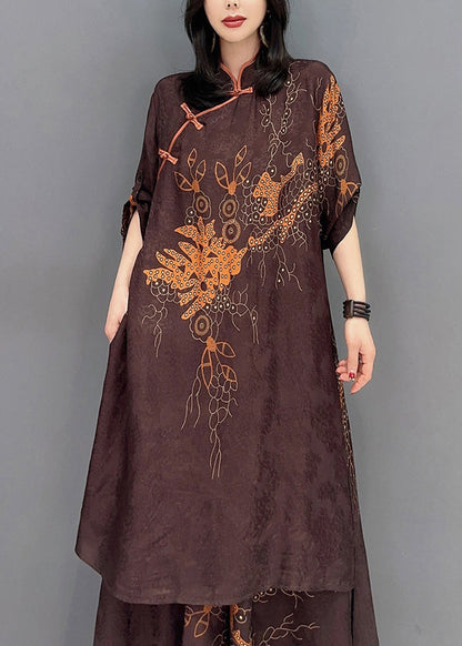 Brown Stand Collar Print Patchwork Silk Two Piece Set Outfits Fall