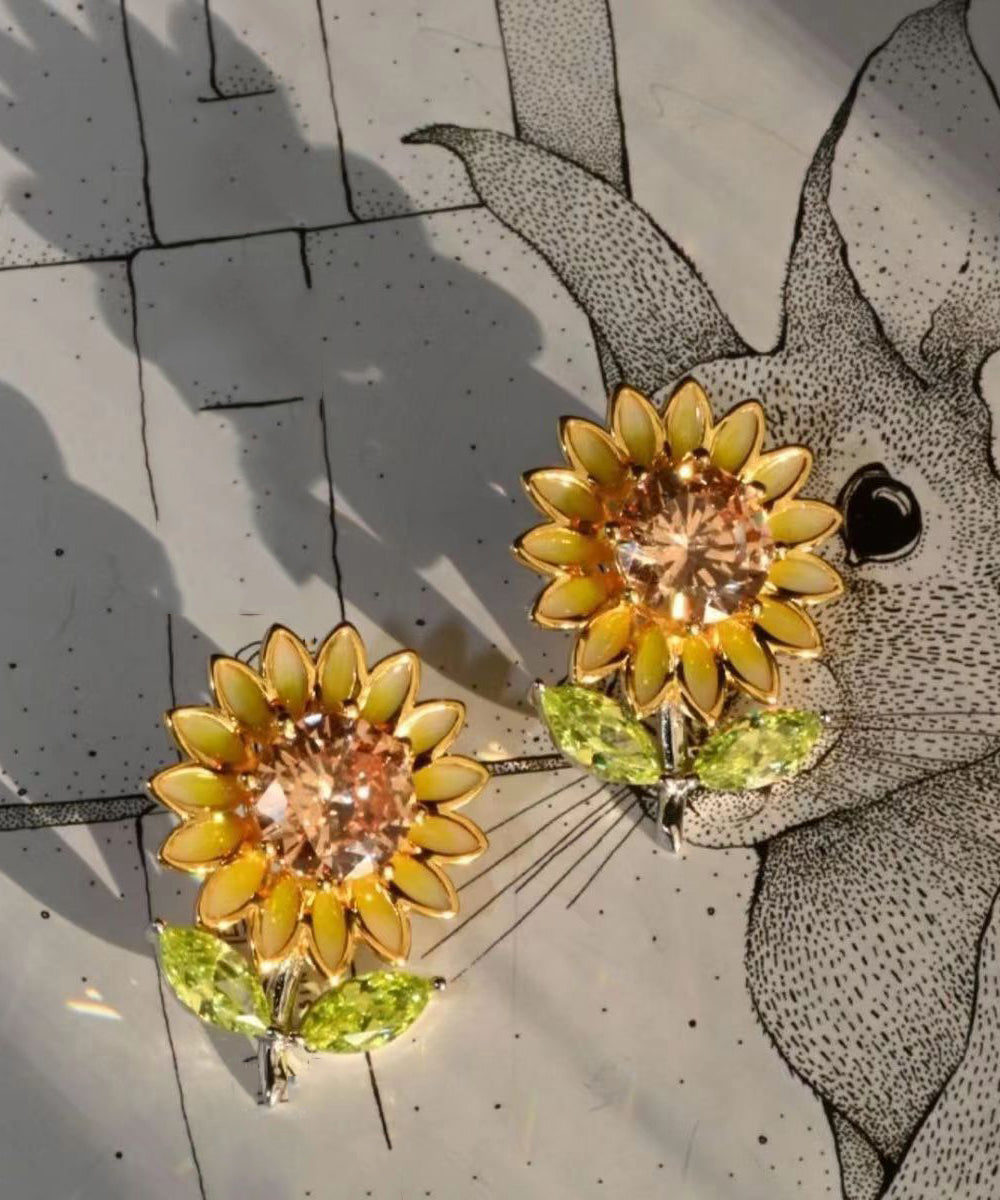 New Yellow Sterling Silver Overgild Zircon Enamel Sunflower Stud Earrings