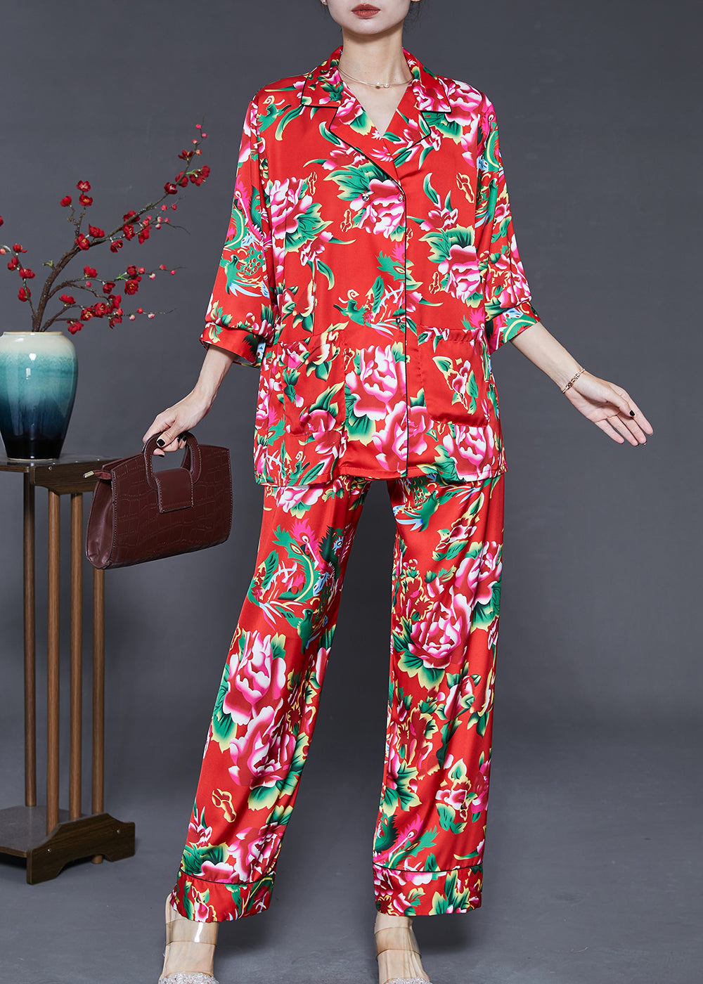 Red Peter Pan Collar Print Draping Silk Two Piece Set Fall