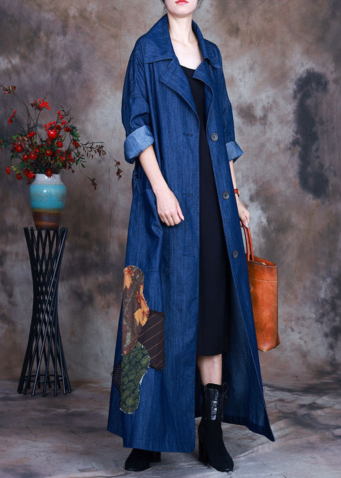 Blue Button Tie Waist Peter Pan Collar Cotton Denim Trench Coats Spring
