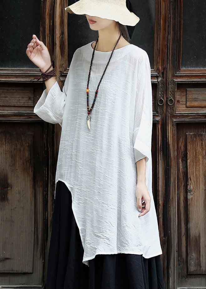 Original White Asymmetrical Design Cotton Top Three Quarter Sleeve