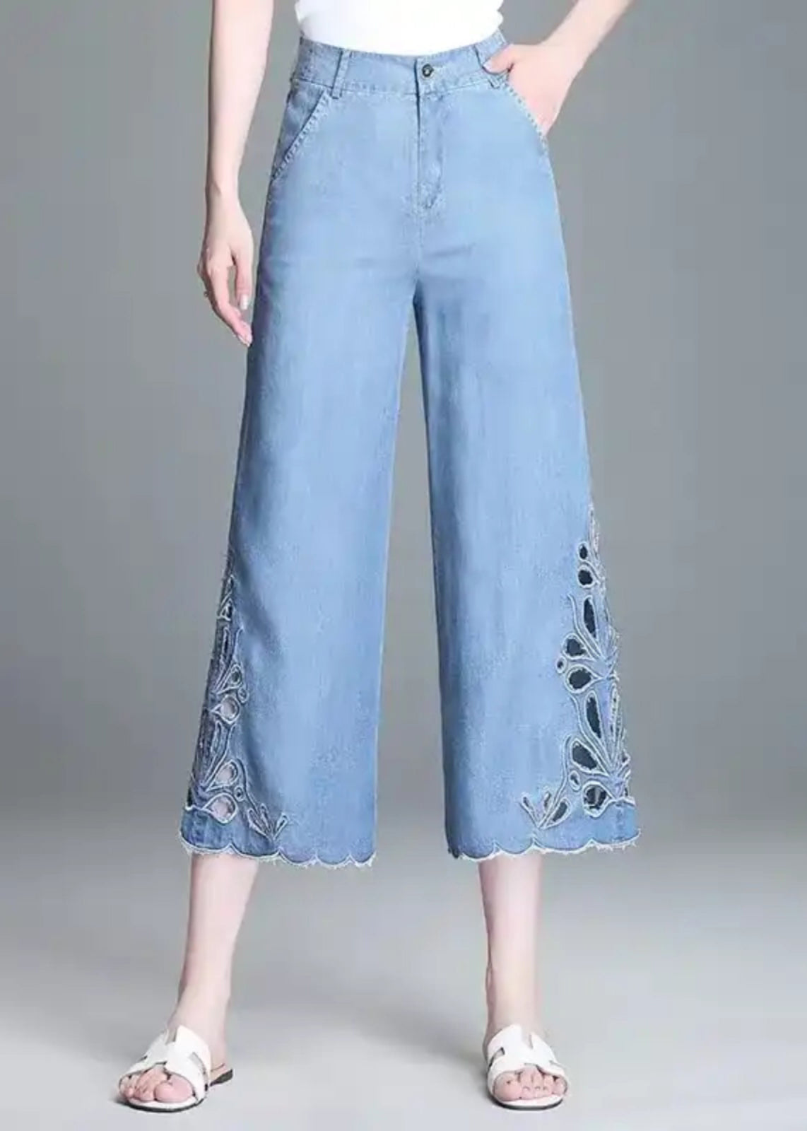 Blue High Waist Hollow Out Crop Jeans Summer