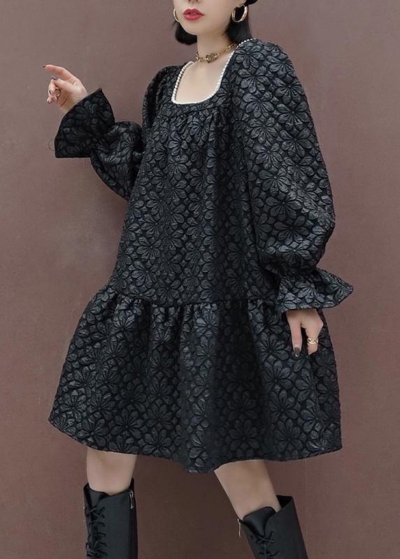 French Square Collar Patchwork Spring Tunic Sewing Black Flower Dress