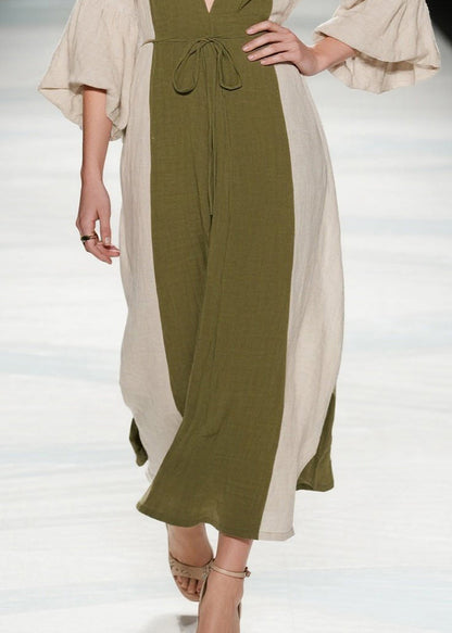 Boutique Tea Green V Neck Patchwork Cotton Long Dresses Summer