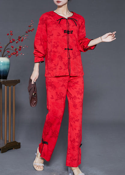 Mulberry Chinese Button Jacquard Cotton Two-piece Set Fall