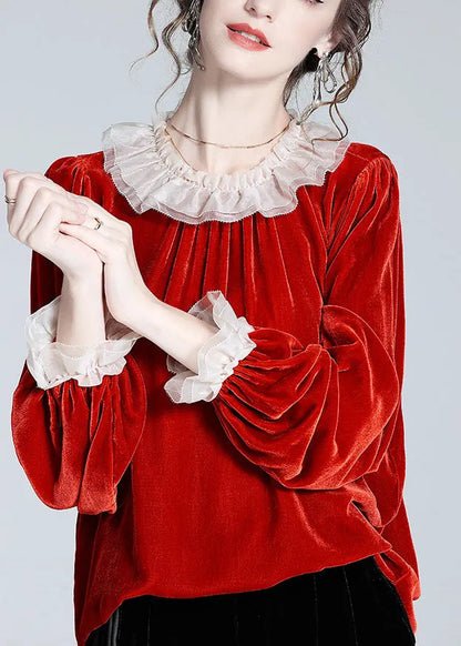 Mulberry O-neck Velour Tops Long Sleeve