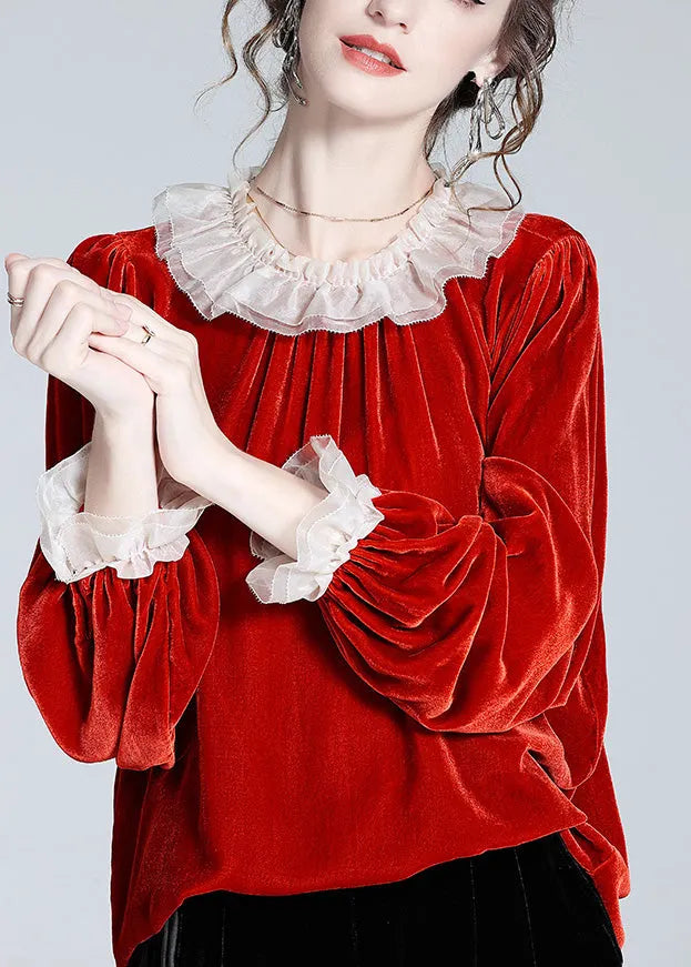 Mulberry O-neck Velour Tops Long Sleeve