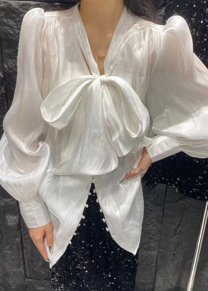 New White Lace Up Button Silk Blouses Spring