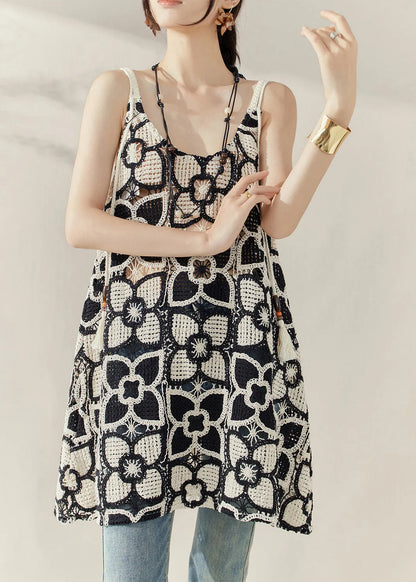 Style Black Embroidered Hollow Out Mid Spaghetti Strap Dress Summer