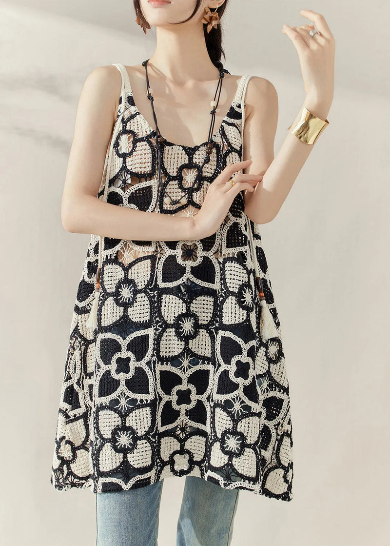 Style Black Embroidered Hollow Out Mid Spaghetti Strap Dress Summer
