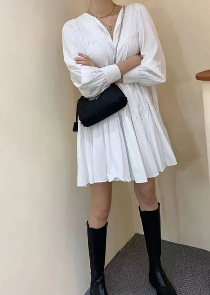 White V Neck Patchwork Wrinkled Cotton Dress Long Sleeve