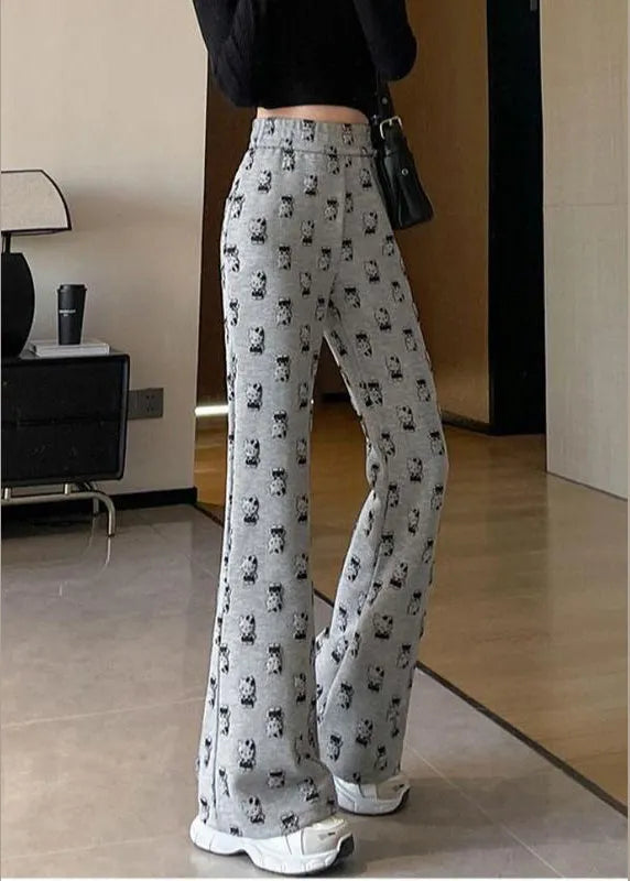 Grey High Waist Cartoon Print Cotton Flared Trousers Spring