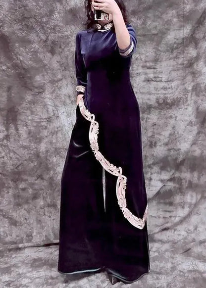 Blue Stand Collar Embroideried Asymmetrical Top and Wide Leg Pants Silk Velour Two Piece Set Spring