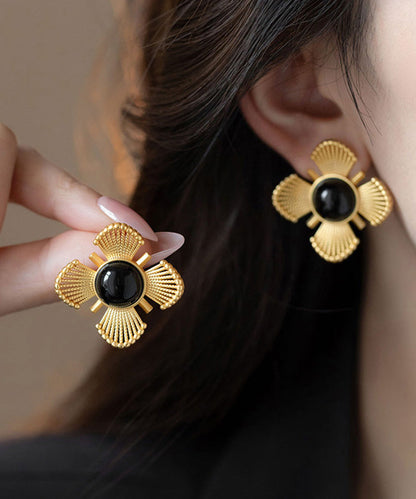 Gold Copper Crystal Hollow Out Stud Earrings