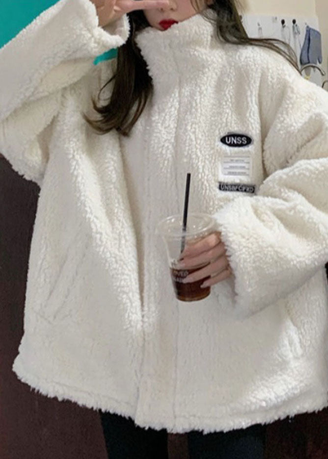 White Stand Collar Pockets Wear on Both Sides Faux Fur Coat Winter