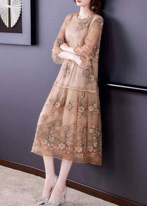 Embroidered Ruffled Patchwork Silk Long Dress Half Sleeve