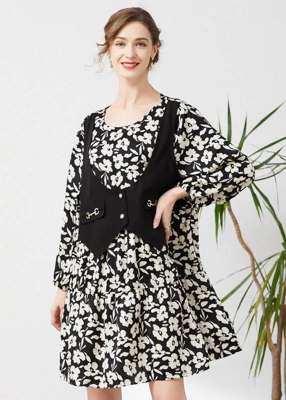 Black Oversized Patchwork Fake Two Piece Dress Spring