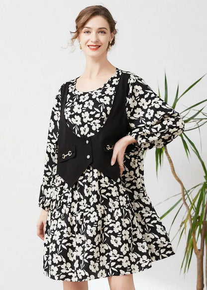 Black Oversized Patchwork Fake Two Piece Dress Spring
