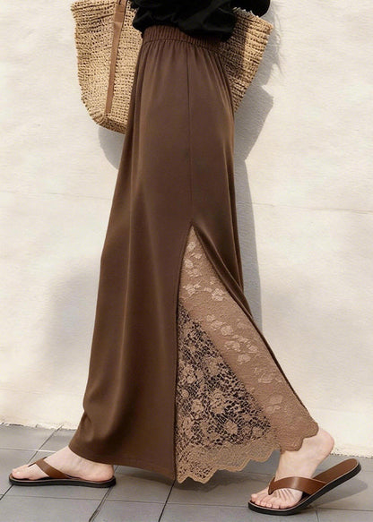 Coffee Lace Patchwork Elastic Waist Cotton Skirts Winter