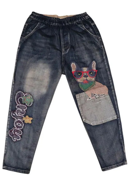 Art Blue Embroideried Pockets Denim Pants Spring