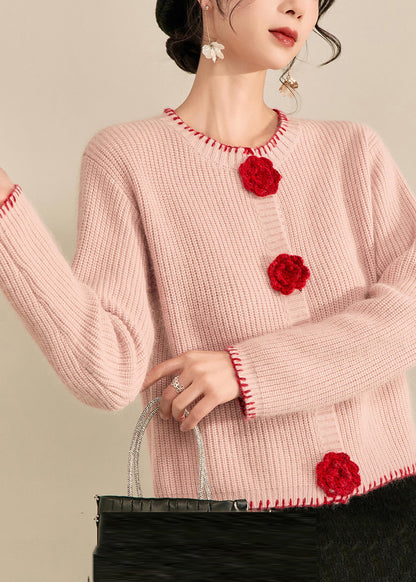 Art Pink Patchwork Button Cotton Knit Cardigan Spring