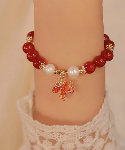 Red Sterling Silver Overgild Agate Maple Leaf Charm Bracelet