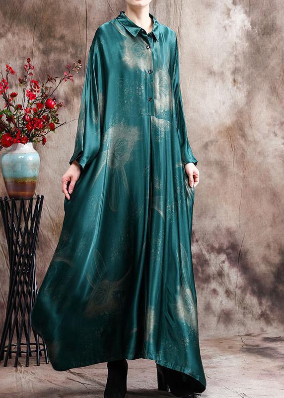 French Green Print Chiffon Dress Long Asymmetric Art Dress