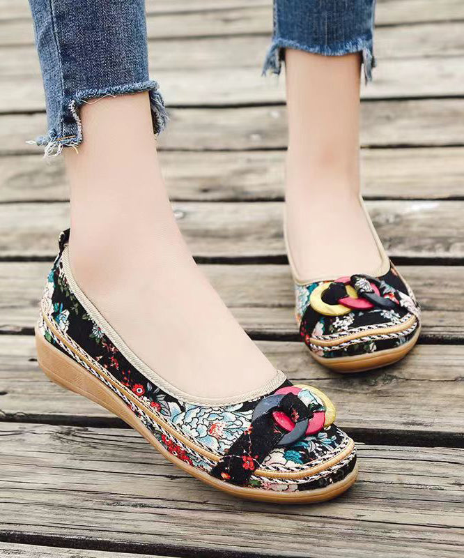 Black Cotton Fabric Print Splicing Wedge Heels