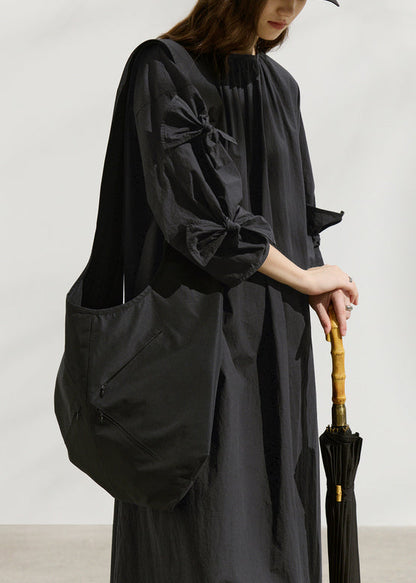 Black O Neck Bow Loose Cotton Dress Summer
