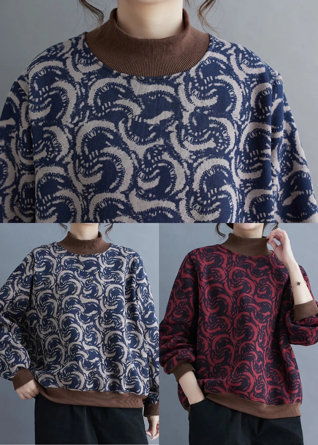 Mulberry Stand Collar Print Warm Fleece Pullover Spring