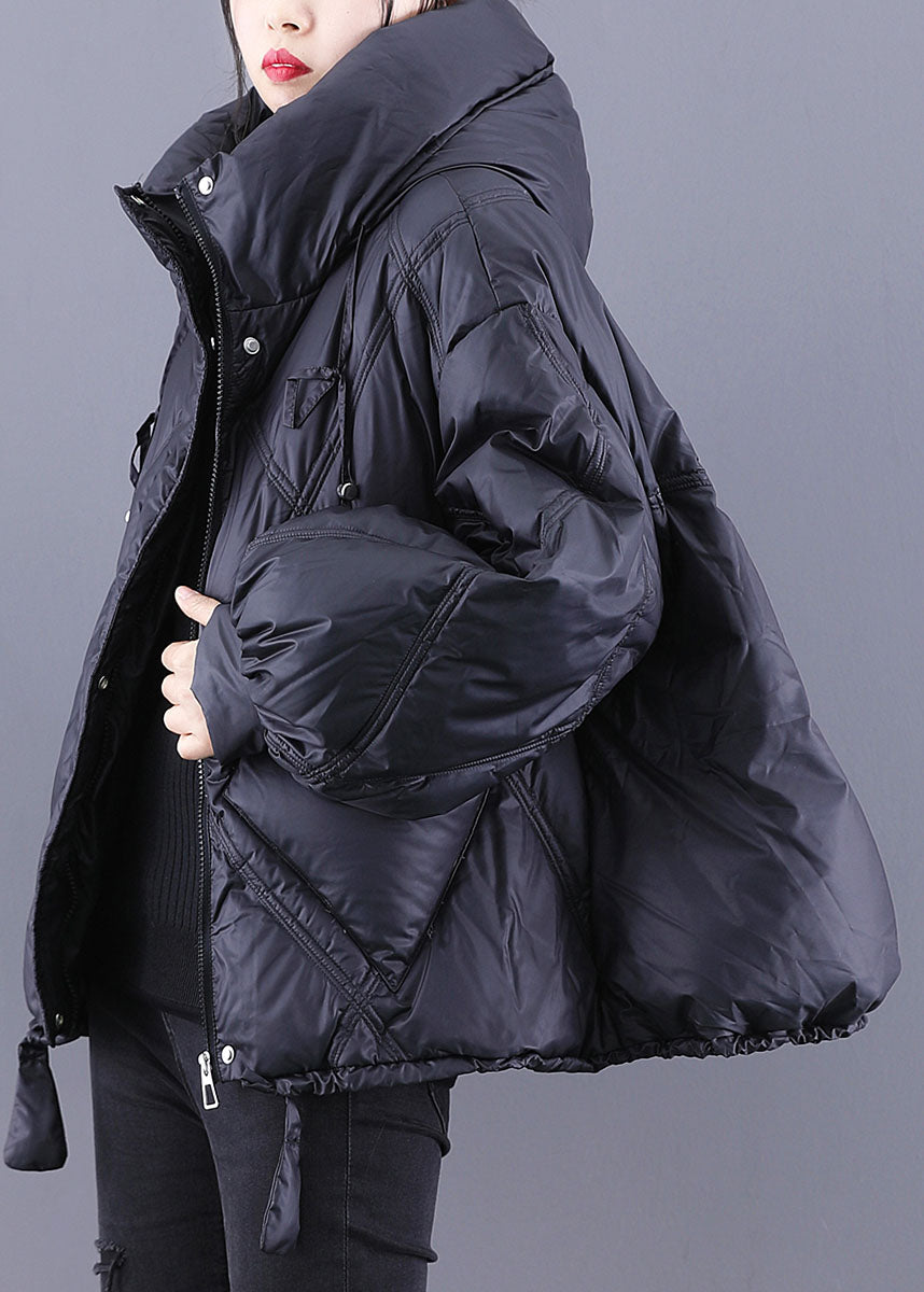 Black Hooded Loose Zippered Warm Winter Duck Down Jacket