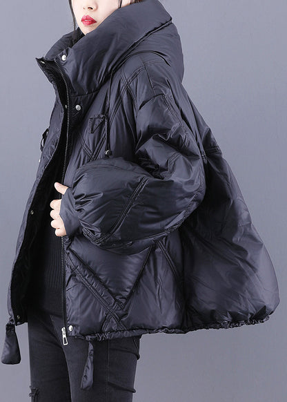 Black Hooded Loose Zippered Warm Winter Duck Down Jacket