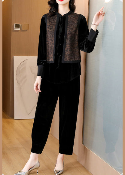 Black O-neck Print Silk Velour Shirts and Harem Pants Two Pieces Set Fall