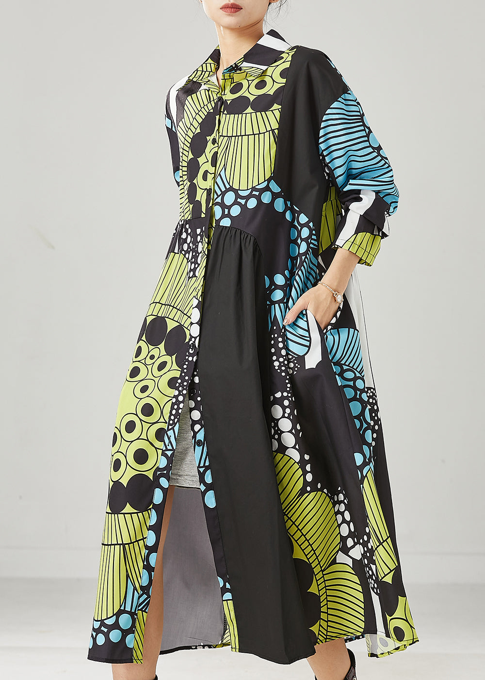 Black Oversized Print Cotton Maxi Dresses Spring