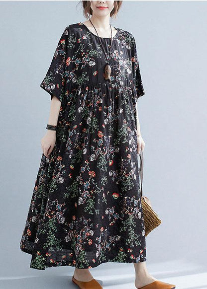 Black Print O-neck Patchwork Summer Robe Dresses Half Sleeve