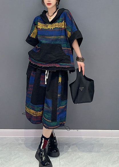 Retro V Neck Patchwork Hooded Top and Half Pants Two Pieces Set Short Sleeve