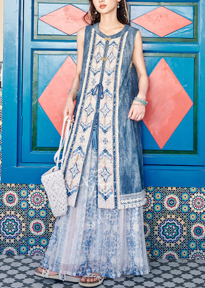 French Blue Lace Up Side Open Patchwork Denim Two Pieces Set Sleeveless