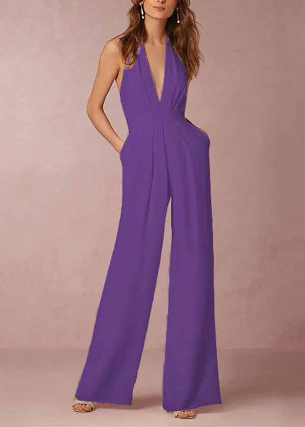 Simple White V Neck Pockets Backless Cotton Jumpsuit Sleeveless