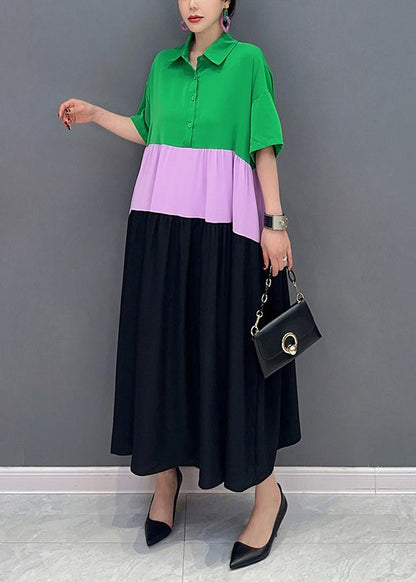Colorblock Peter Pan Collar Patchwork Cotton a Line Dress Short Sleeve