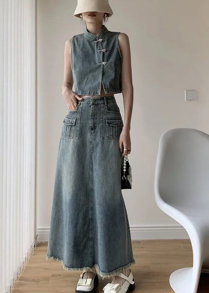 Boutique Blue Stand Collar Tops and Skirts Denim Two Pieces Set Sleeveless