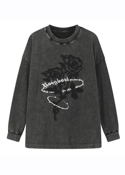 Dark Grey O-neck Rose Print Warm Fleece Pullover Long Sleeve