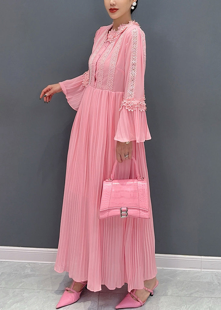 Pink Wrinkled Lace Patchwork Maxi Dress Flare Sleeve