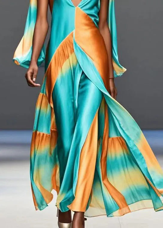 Green Deep-v Neck Patchwork Silk Maxi Dresses Butterfly Sleeve