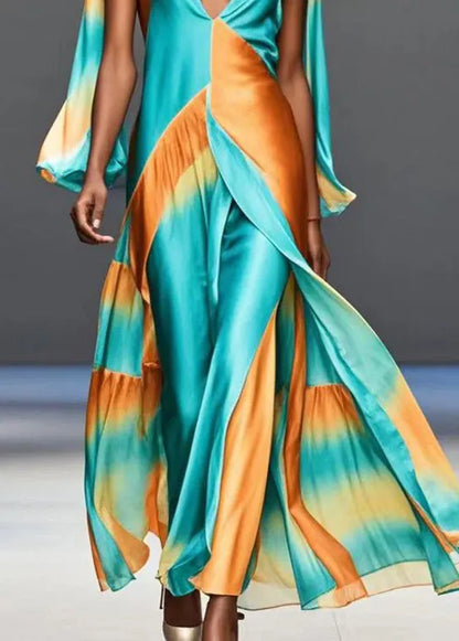 Green Deep-v Neck Patchwork Silk Maxi Dresses Butterfly Sleeve