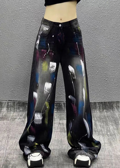 Stylish Black Graffiti High Waist Denim Wide Leg Pants Fall